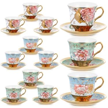 Imagem de Teenyyou Conjunto de 12 xícaras de chá e pires, porcelana floral, presente britânico para mulheres, festa de aniversário, igreja e dia das mães (estilo clássico, 160 ml)