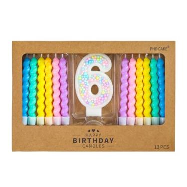 Imagem de PHD CAKE Número 6 Vela de aniversário Macaron Glitter Number Candle com velas espirais arco-íris em suportes para topo de bolo, decoração de festa tema doce pastel