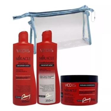 Imagem de Kit Reconstrução Capilar Miracle - Shampoo, Condicionador e Máscara para Cabelos Danificados - Vedis