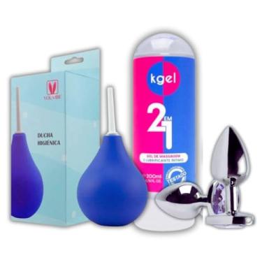Imagem de Kit Anal 3 Itens Ducha Xuca + Plug Anal M + Lubrificante 2 em 1 Kgel 200g - Sex Shop