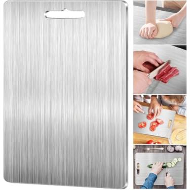Imagem de Tábua de corte de titânio, tábuas de corte de titânio para cozinhar na cozinha, tábua de corte de aço inoxidável dupla face, placa de titânio de grau alimentício para carne, frutas, legumes (35 x 24