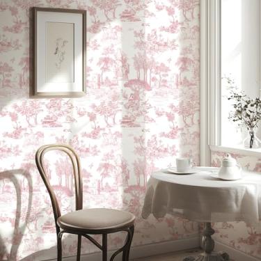 Imagem de WENMER Papel de Parede Toile, Rosa e Branco, 394 x 394 cm, Toile de Jouy, Vintage Francês para Quarto, Paredes, Armário, Decoração