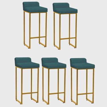 Imagem de Kit 05 Banqueta Alta Mia Com Encosto Cozinha Bistrô Bar Balcão Ferro Dourado Suede Azul Turquesa - Ahz Móveis
