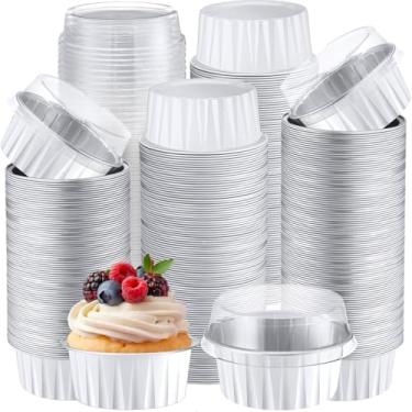 Imagem de Gejoy 400 peças de copos de alumínio para assar com tampas, 142 g, mini formas de bolo de ramequins descartáveis, creme brulee, forros de cupcake, latas de muffin, molde de pudim, recipiente de