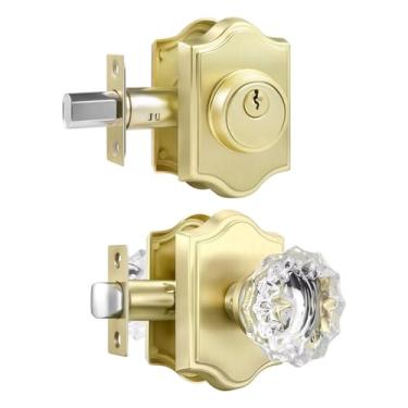 Imagem de Leydebong Conjunto de 1 maçanetas de porta e fechadura de cristal dourado - com chave semelhante, maçaneta de porta de entrada resistente e combinação de fechadura de cilindro único para portas de