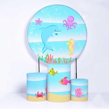 Imagem de Kit Painel de Festa Redondo de 1,30m e Trio de Cilindros Fundo do Mar - Fera Print