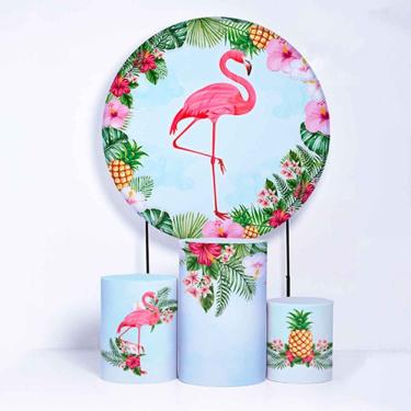 Imagem de Kit Painel de Festa Redondo de 1,30m e Trio de Cilindros Flamingos - Fera Print