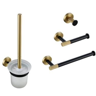 Imagem de Toalheiro montado na parede Suporte de papel dourado escovado gancho preto fosco Suporte de escova de vaso sanitário de cores combinadas, suporte de papel (conjunto de vaso sanitário)