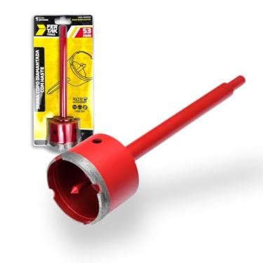 Imagem de Serra Copo 53 mm Diamantada - C/Haste e Pino Guia Fertak Para Granito Porcelanato Mármore para Pedreiros Cor Vermelha Original Cód - 299053