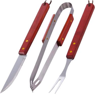 Imagem de Kit Utensílios p/Grelha Churrasqueira Cozinha Inox Madeira