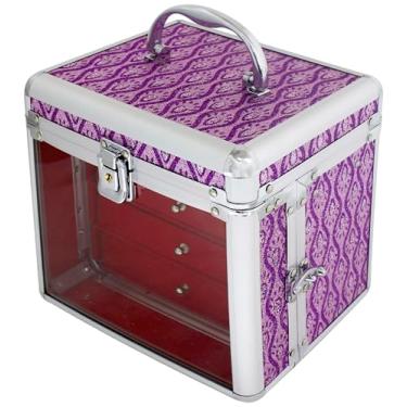 Imagem de Maleta Organizadora de Joias com 3 Gavetas, Porta Maquiagem, Acabamento em Alumínio, com Chave, Disponível em Rosa, Roxo, Prata e Cinza (Rosa)
