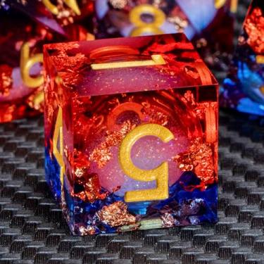 Imagem de ARUOHHA Liquid Core DND Dice Set, 7pcs Resin Sharp Edged Dragons Dice Compatible with D&D Role Playing Games, RPG Golden Numbers Blue Red Dungeons Polyhedral D and D Dice with Gift Box D20 D10 D6