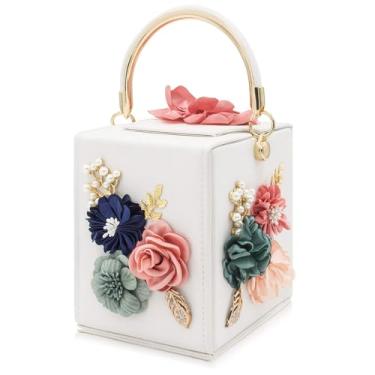 Imagem de Milisente Bolsa clutch para noite feminina floral quadrada bolsa de mão de ombro transversal bolsa clutch flor casamento, Branco, Medium