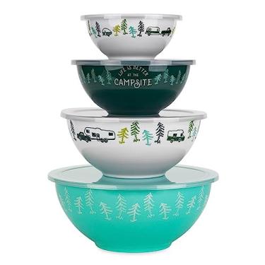 Imagem de Camco Conjunto de tigelas Life is Better at The Campsite com tampas | Ótimo para estilos de vida em movimento | Características (4) Tigelas de melamina duráveis com (4) tampas de plástico (53451)