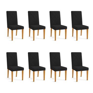 Imagem de Kit 08 Cadeiras de Jantar Estofada Siena Veludo Preto Pés Trapézio Castanho - Pallazio