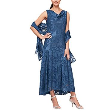 Imagem de Alex Evenings Vestido feminino formal sem mangas com estampa floral e gola drapeada com xale, convidada de casamento, vestido para mãe da noiva, Wedgewood, 44