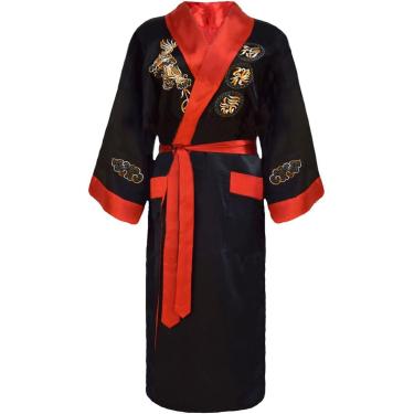 Imagem de Roupão De Dormir Kimono Japonês Bordado Reversível Para Homens, Black/Red, L
