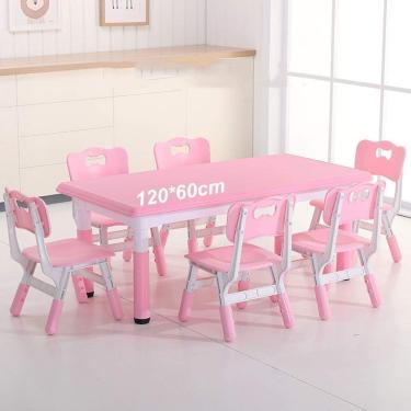 Imagem de Conjunto De 6 Cadeiras De Mesa Longa Para Crianças, Mesa De Atividades Plástica Retangular De 120 * 60 Cm, Altura Ajustável, Para Creche Creche Centro De Educação Infantil, Green, Pink