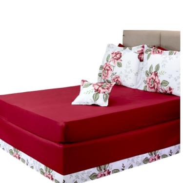Imagem de Jogo de Lençol Casal/Queen com Elástico, 5 Peças: Lençol, Saia Box, Capa de Almofada e Fronhas, Vinho