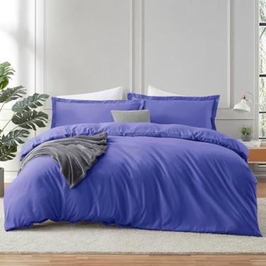 Imagem de Hearth & Harbor Capa de edredom azul real com lençol de elástico tamanho casal – conjunto de cama macio de 4 peças, inclui 1 capa de edredom com fecho de botão, 1 lençol com elástico, 2 fronhas