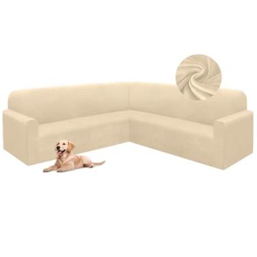 Imagem de HDCAXKJ Capas de sofá seccionais de veludo elástico em forma de L conjunto de capas de sofá macias e grossas, em forma de U, protetor de móveis mágicos antiderrapantes para cães de estimação (aveia