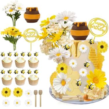 Imagem de 34 PCS Bee Cupcake Toppers Honey Jar Cake Topper Flower Cake Decorations for Baby Shower Bee Theme Birthday Party Decoration Supplies