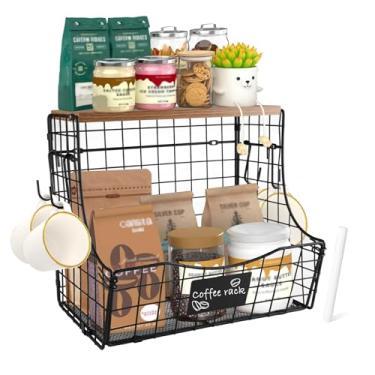 Imagem de Yomjarl Estação organizadora de cafés, suporte de acessórios para cápsulas de café, cesta empilhável de armazenamento de cozinha com tampa de madeira, organizador de estação de café, caixa de