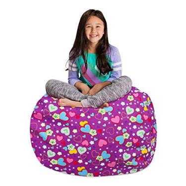 Imagem de Capa de cadeira para guardar animais de pelúcia para crianças – Organizador de brinquedos infantis, grande – 96,5 cm – corações multicoloridos em tela roxa