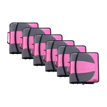 Imagem de Estojo de 6 peças com zíper duplo 2 em 1 da Case-it – Dois anéis D de 3 cm – Inclui bolsa para lápis – Vários bolsos – Capacidade para 600 folhas – Vem com alça de ombro - Dual-101, rosa claro -