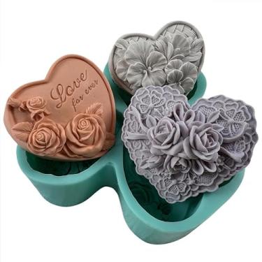 Imagem de 3 cavidades coração DIY molde de silicone sabonete, flor amor molde de silicone para sabão natural vela perfumada cera bolo chocolate aroma gesso difusor decorado resina epóxi artesanato