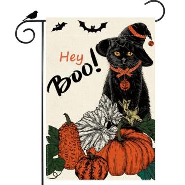 Imagem de ZAEW Bandeira de jardim de Halloween Hey Boo pintura em tubo de agulha gato abóboras morcegos bandeira de quintal 30,5 x 45,7 cm dupla face pequena mini quintal exterior exterior decoração de festa de