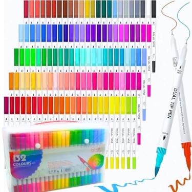Imagem de Conjunto 132 cores Canetinhas Brush de Ponta Dupla para Livros de Colorir, Conjunto de Canetas Marcador Ponta Fina e Pincel Para Desenho, Presente Infantil, Presente Dia Das Crianças (132 cores)