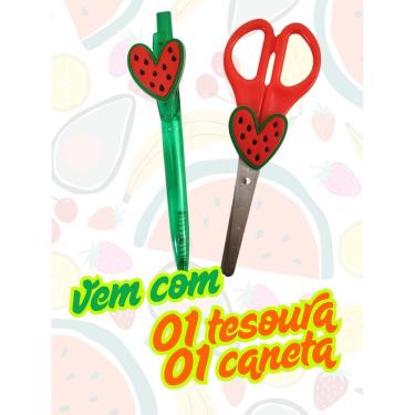 Imagem de Kit Frutas tesoura sem ponta e caneta esferográfica azul abacate melancia cereja fofos enfermagem enfermeira frutinhas