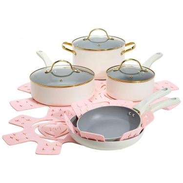 Imagem de Jogo de Panelas e Frigideiras com Revestimento Antiaderente e Tampas de Vidro Temperado, 12 Peças, Paris Hilton, Creme