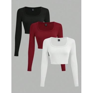 Imagem de 3 Peças/Conjunto Camisetas Cropped de Manga Longa com Gola em U Minima