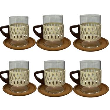 Imagem de Jogo de 6 Xícaras de Vidro Borossilicato com Alça e Pires em Bambu, Marrom, Decorativo, Resistente ao Calor, Conjunto de Copos Luxo, para Café, Chá, Bebidas (Bege)
