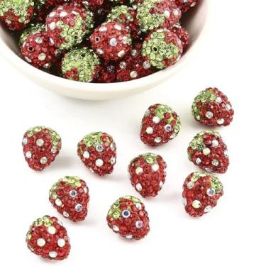 Imagem de KISSITTY 50 peças de contas de morango, vidro, strass, argila de polímero, 3D, vermelho, morango, fruta, espaçadores, 13 x 14 mm, para artesanato, joias, colares, brincos, pulseiras, decorações