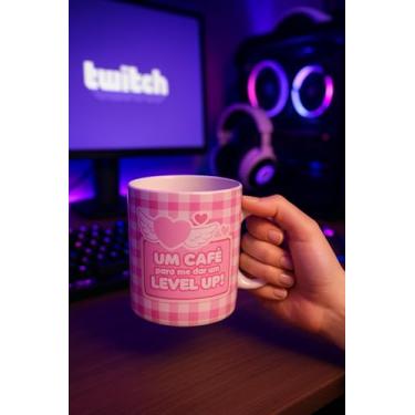Imagem de Caneca Cerâmica Gamer Girl, 400ml, Rosa e Branco, Decorativa com Estampa Quadriculada