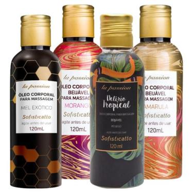 Imagem de Kit 1 Óleo Beijável Massagem Morango + 1 Amarula + 1 Pessego + 1 Mel E