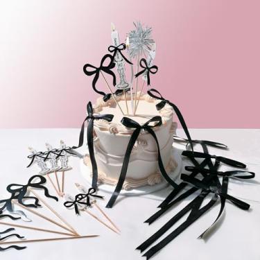 Imagem de Eanjia Black Bow Cake Topper Set 16pcs | Pre-Tied Ribbon & Paper Bows Vintage Candles & 1 Birthday Candle,Silver Foil Firework Picks forBirthday Cake Decor No Need DIY Great for IG TK Photo Shoots