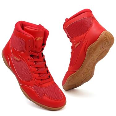 Imagem de BKWHDAY Sapatos De Luta Livre Masculinos Para Boxe Juvenil, Botas Profissionais Cano Alto, Fitness, Levantamento Peso, Vermelho