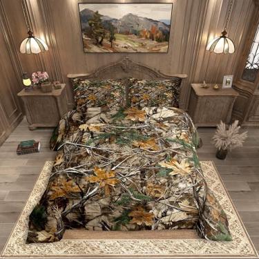 Imagem de Erosebridal Conjunto de edredom queen camuflado para crianças, adolescentes e adultos, jogo de cama militar, conjunto de colcha de caça de cabana, conjunto de edredom com folhas de árvores rústicas