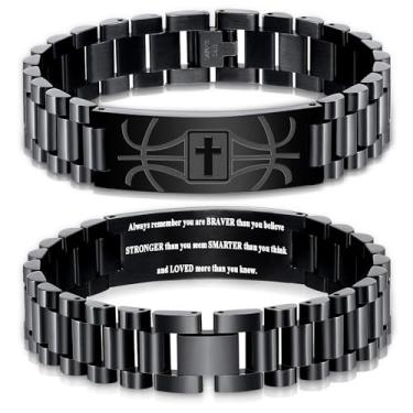 Imagem de KLIFOWDY Pulseiras de basquete de aço inoxidável para homens, pulseiras cruzadas gravadas em versículo bíblico masculino pulseira masculina joias cristãs presentes, First Communion, Sem Pedra Preciosa