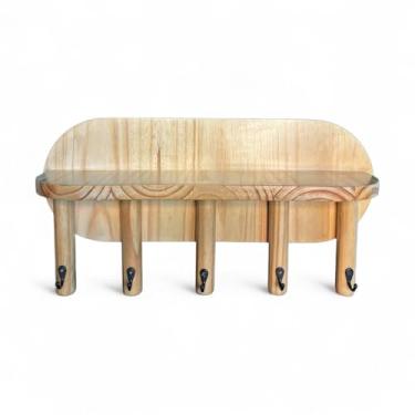 Imagem de Kiaga, Cabideiro De Parede Com Prateleira Multiuso 5 Penduradores Picket Rail De Madeira Pinus Cor:Pinus Com Verniz Incolor;Tam