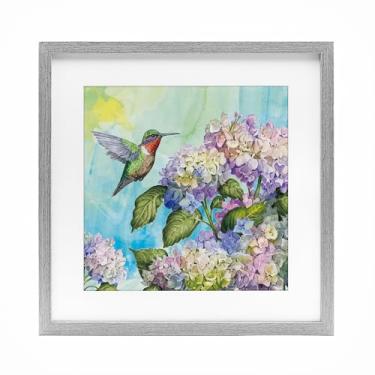 Imagem de Stupell Industries Impressão emoldurada cinza beija-flor e hortênsias design sob vidro por Tim Coffey, 40,6 x 40,6 cm