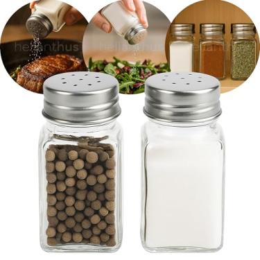 Imagem de 2 Saleiro Porta Temperos de Vidro 70ml com Tampa Inox – Porta Condimentos Clássico para Cozinha – Pimenteiro Mesa Resistente e Prático