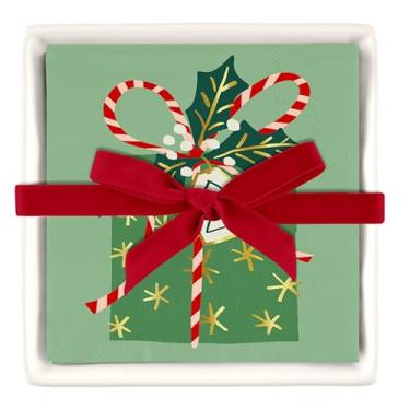 Imagem de Santa Barbara Design Studio Guardanapos de papel de coquetel de Natal e suporte de guardanapo de cerâmica conjunto de presente, quadrado de 14,6 cm, presente