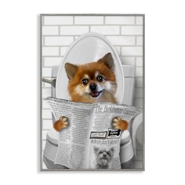 Imagem de Stupell Industries Cão da Pomerânia no vaso sanitário cinza emoldurado giclée design de arte por Matthew Piotrowicz, 18 x 12