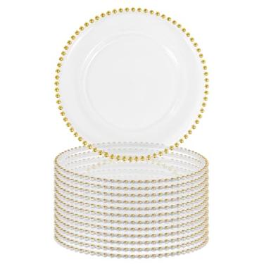 Imagem de FXKS 12 placas de carregamento redondas transparentes com borda de contas, placa de acrílico de plástico de 33 cm, pratos decorativos de jantar com contas redondas de plástico para eventos de festa de