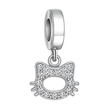 Imagem de BlingNuts Pingente de gato com pedra do mês de nascimento branco cintilante, compatível com pingentes Pandora, joias de aniversário, presentes